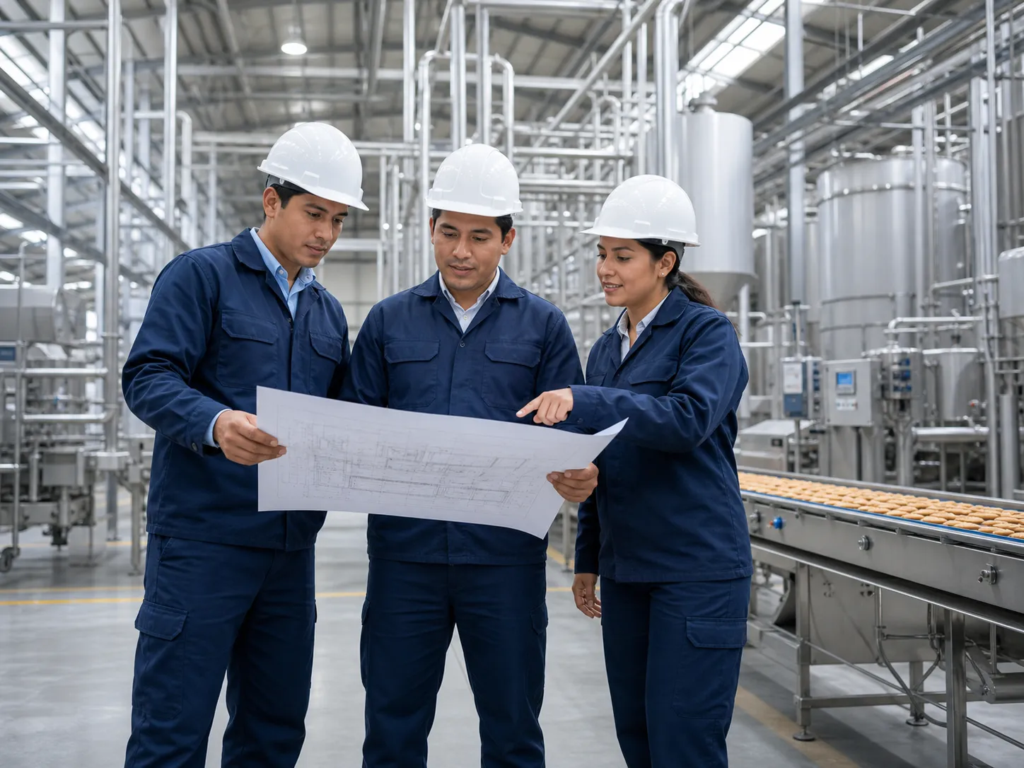 Equipo de ingeniería de Intesla revisando planos en planta